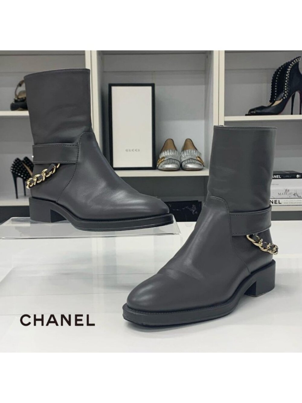 Chanel Leather CC Logo Chain Short Boots Gray